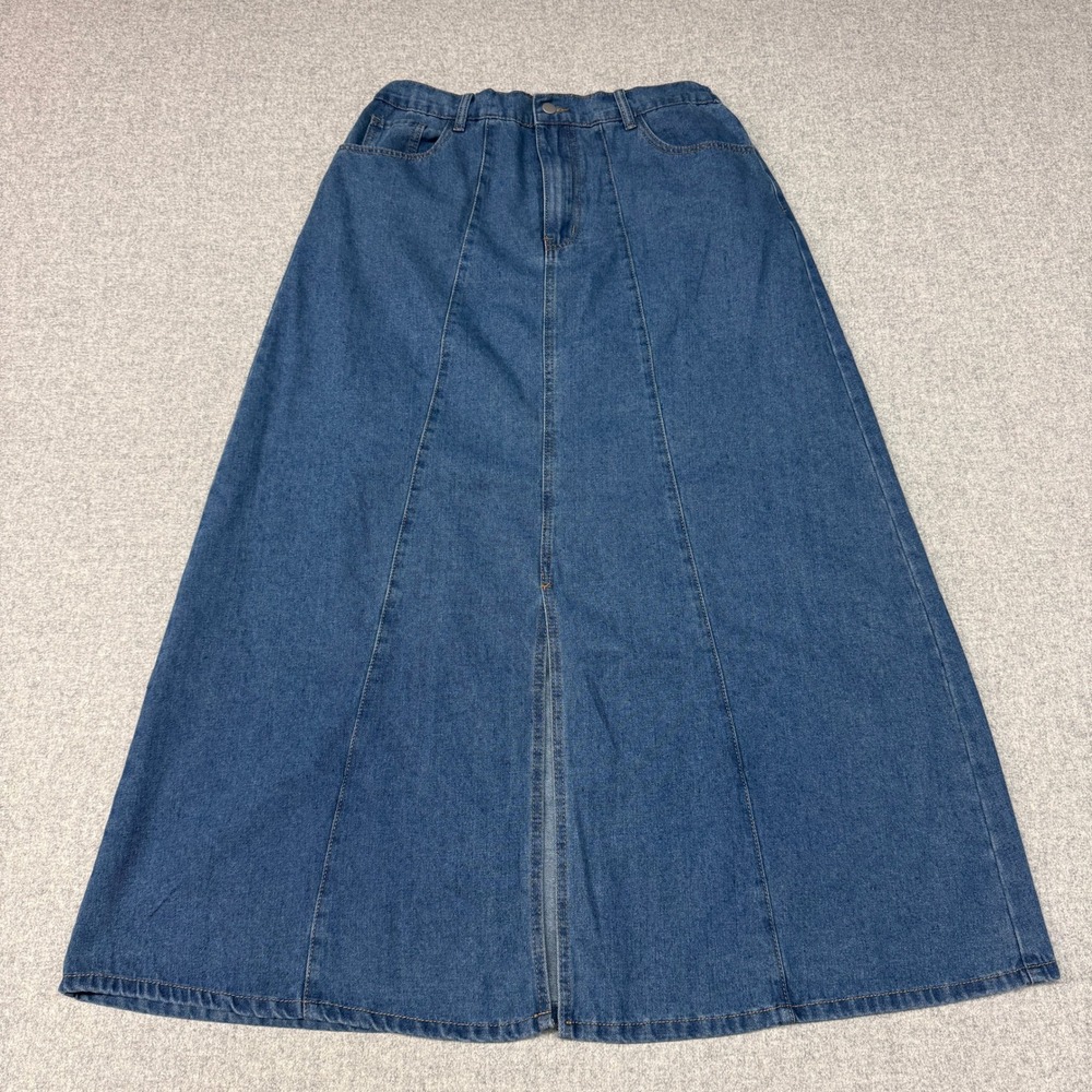 SHEIN Curve Denim Maxi Skirt 0XL Blue Front Slit High Waist Elastic Back A-Line
